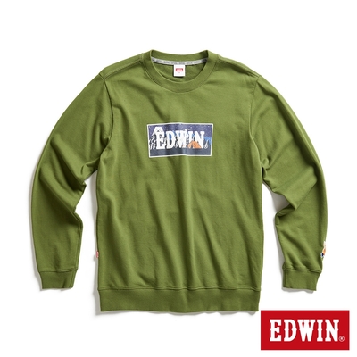 EDWIN 露營系列 富士山營地BOX LOGO厚長袖T恤-男-橄欖綠