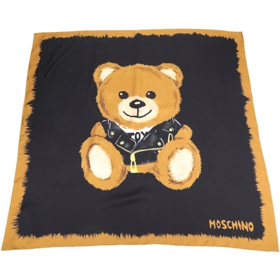 MOSCHINO 皮衣泰迪熊印花咖框黑色真絲大方巾 披肩 圍巾(90x90)