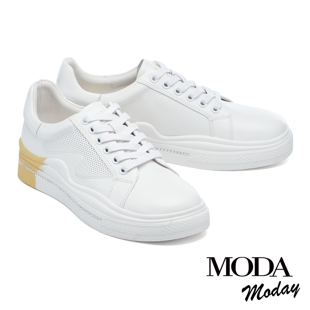 休閒鞋 MODA MODAY 經典全真皮晶鑽撞色厚底休閒鞋－黃