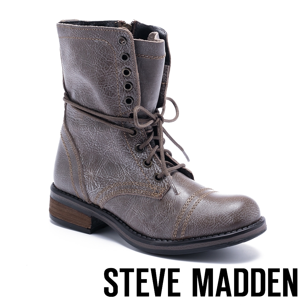 STEVE MADDEN-TROOPA 2.0經典中性軍靴款真皮高筒靴-棕色