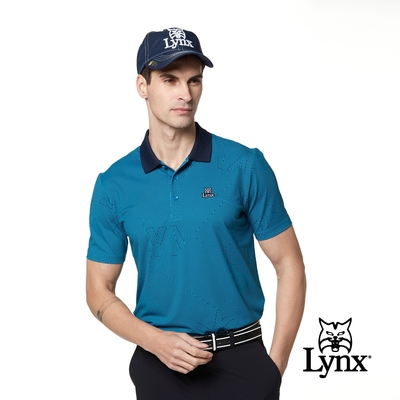 【Lynx Golf】Korea 男款滿版幾何印花山貓繡花短袖POLO衫-藍色
