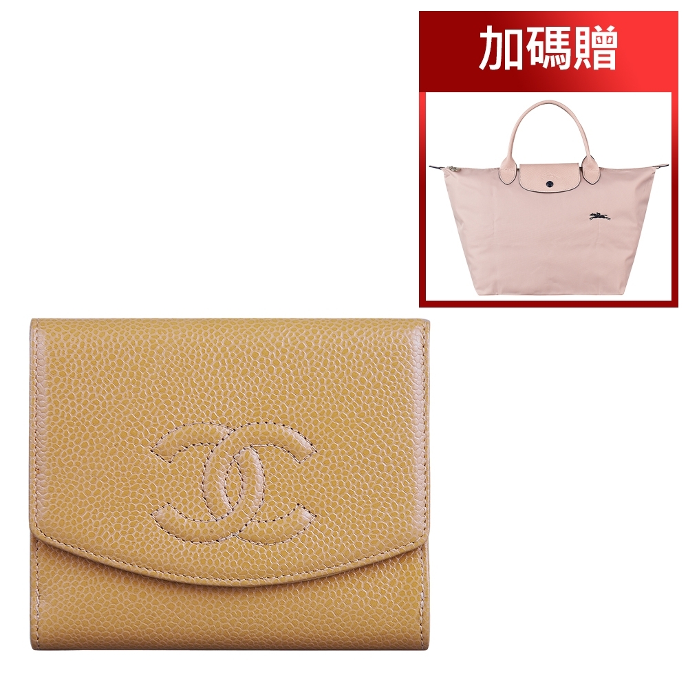 CHANEL雙C LOGO魚子醬牛皮3卡扣式短夾(展示品/米)