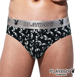 PLAYBOY 棉質普普風印花彈性三角褲-單件-黑