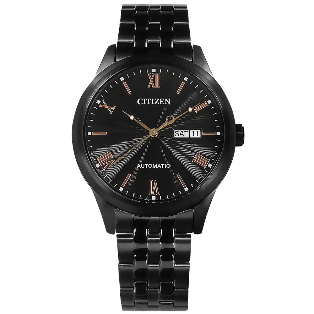 CITIZEN 機械錶 羅馬刻度 日期星期顯示 不鏽鋼手錶(NH7505-84E)-鍍黑/40mm