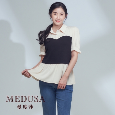 現貨【MEDUSA 曼度莎】ICare 假兩件式小馬甲雪紡上衣（F）｜女上衣 短袖上衣 休閒上衣