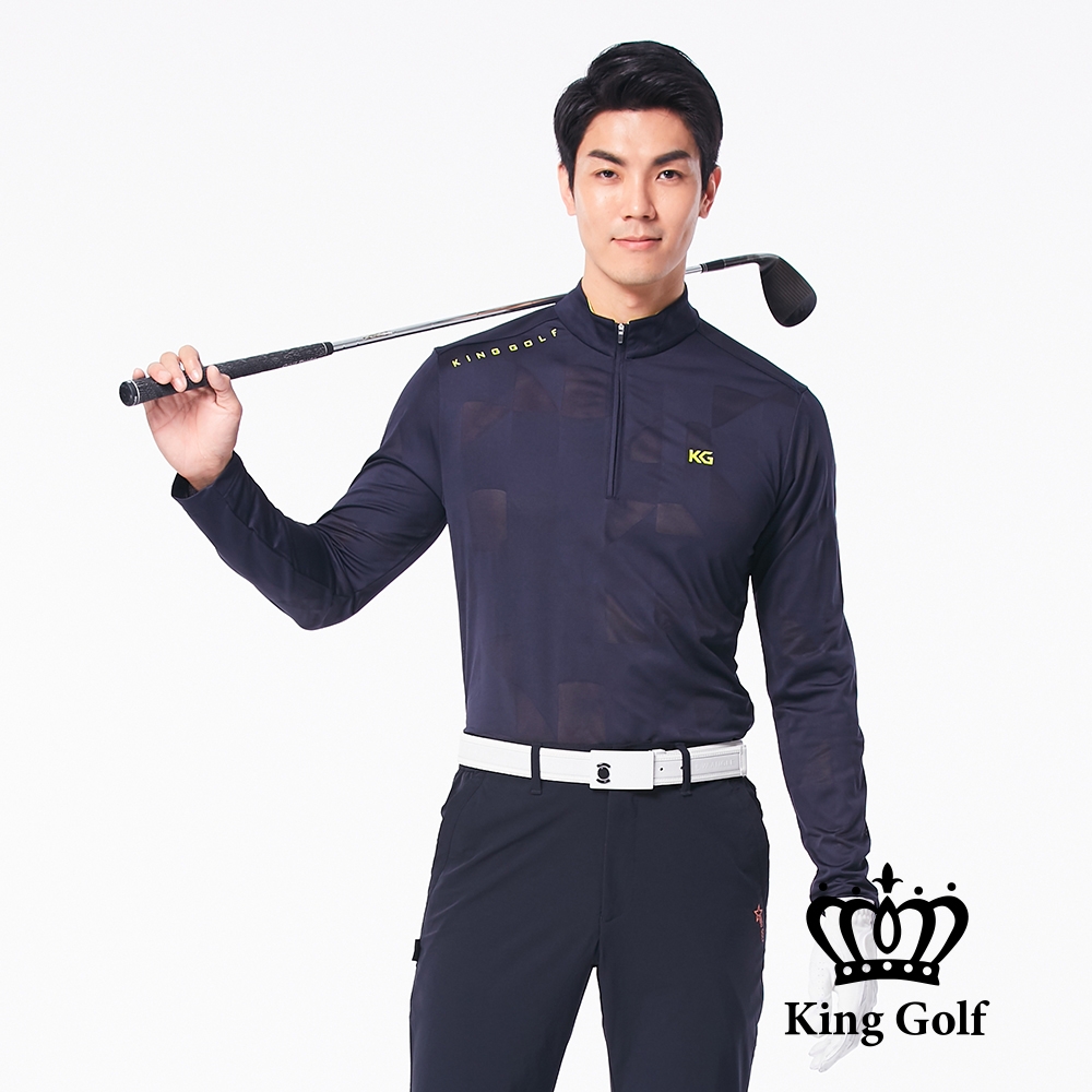 【KING GOLF】男款LOGO印圖底布壓紋立領拉鍊長袖POLO衫-藍色