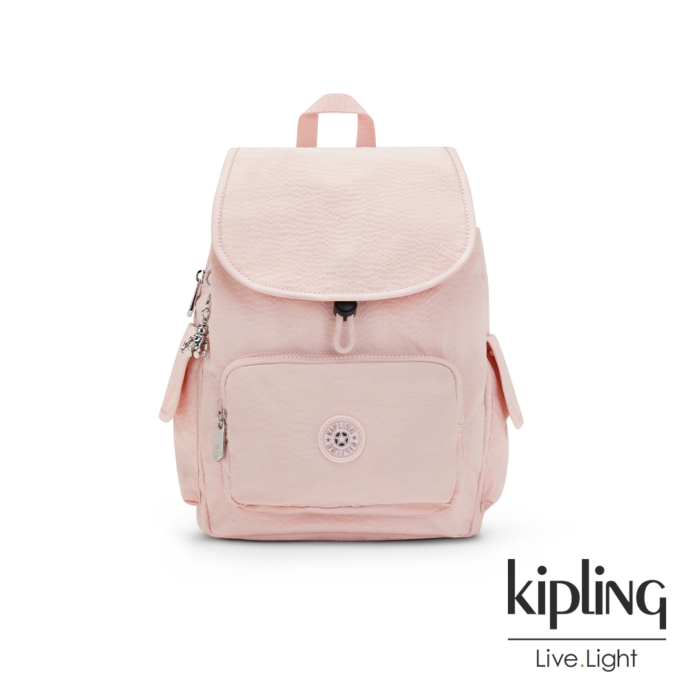 Kipling 少女玫瑰奶油色拉鍊掀蓋後背包-CITY PACK S