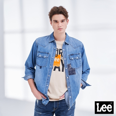 Lee 男款 鈕扣款雙口袋牛仔長袖襯衫 中藍洗水 101+
