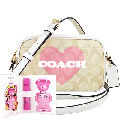 COACH 象牙白色JAMIE愛心圖樣大C PVC斜背相機包+MOSCHINO 品牌經典隨身小香水