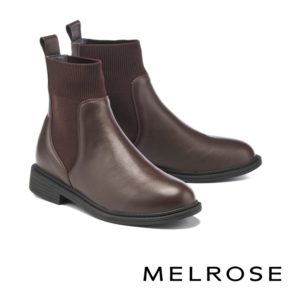 短靴 MELROSE 美樂斯 時髦異材質拼接牛皮彈力厚底短靴－棕 product image 1