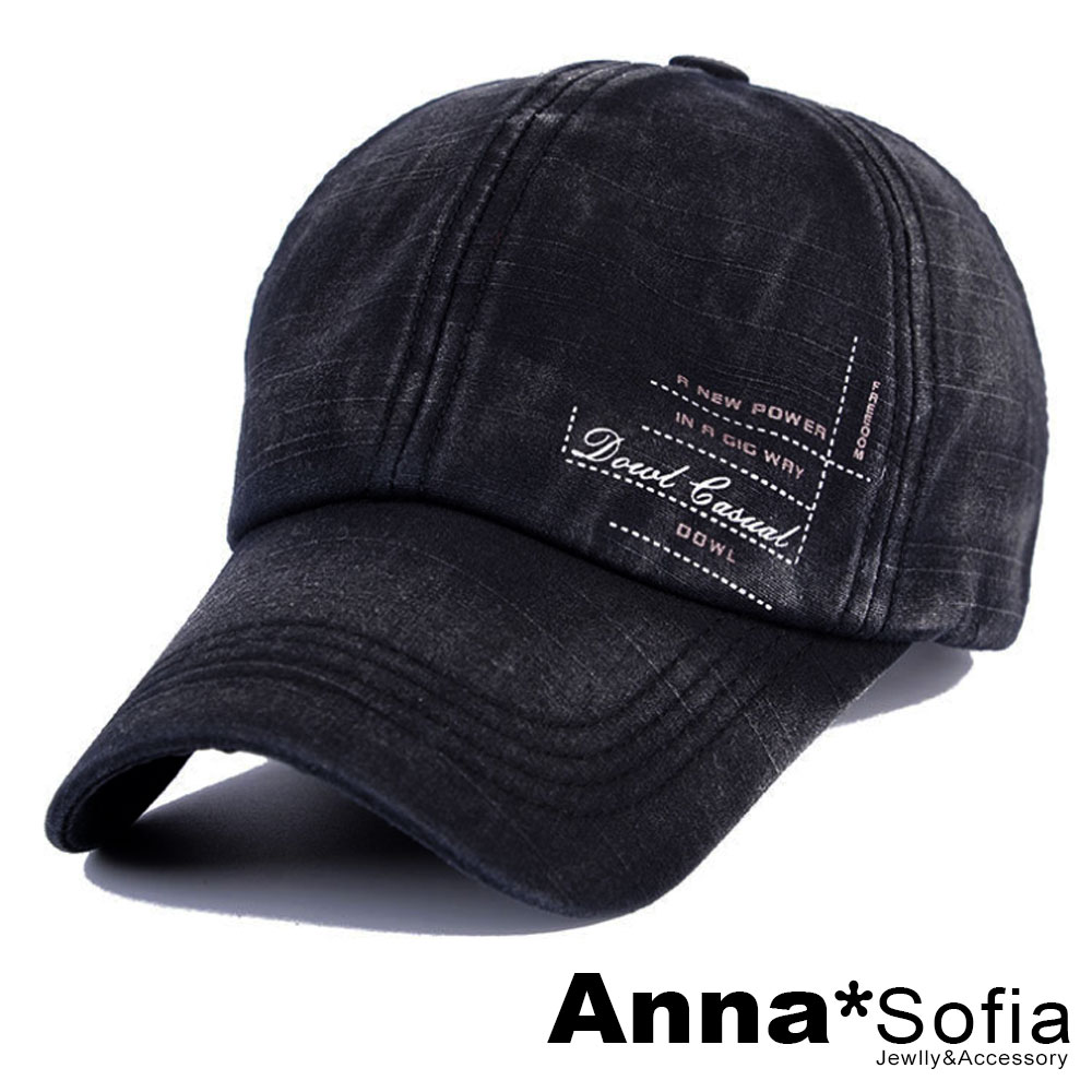AnnaSofia 氣質排印文暈染 防曬棉質棒球帽老帽(黑系)