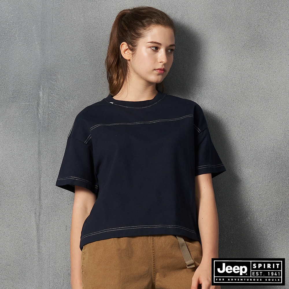 Jeep 女裝 簡約素面寬版短袖T恤-海軍藍