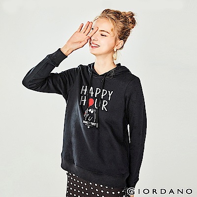 GIORDANO 女裝派對豬系列印花刷毛帽TEE-31 標誌黑