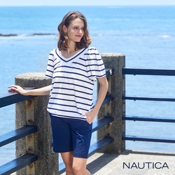 Nautica女裝 V領撞色條紋荷葉袖短袖T恤-白