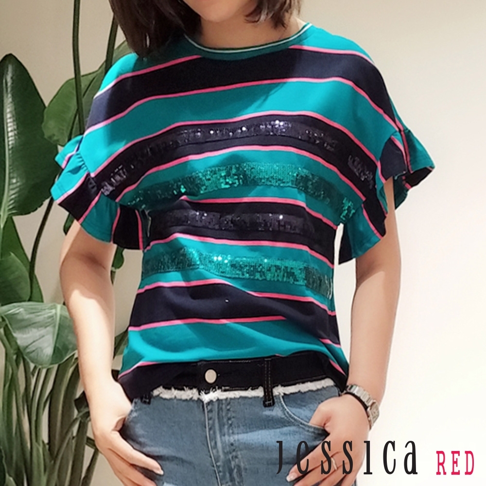 JESSICA RED - 時尚條紋亮片荷葉邊T恤