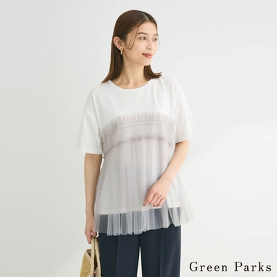 Green Parks 透明薄紗車縫拼接造型T恤