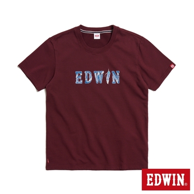 EDWIN 羽毛紋牛仔貼布LOGO短袖T恤-男-朱紅色