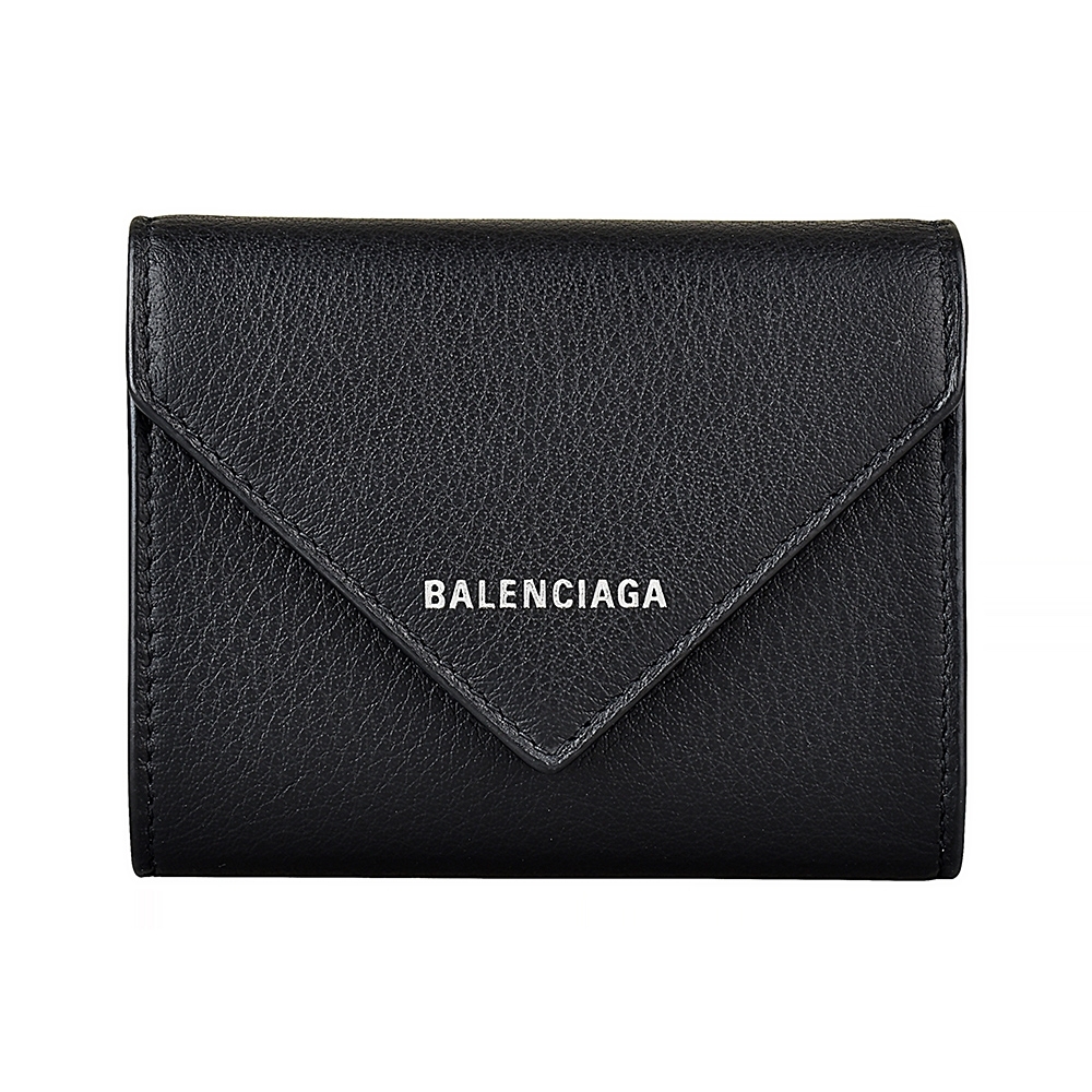 BALENCIAGA銀字LOGO荔枝紋設計牛皮2卡釦式三折短夾(黑)