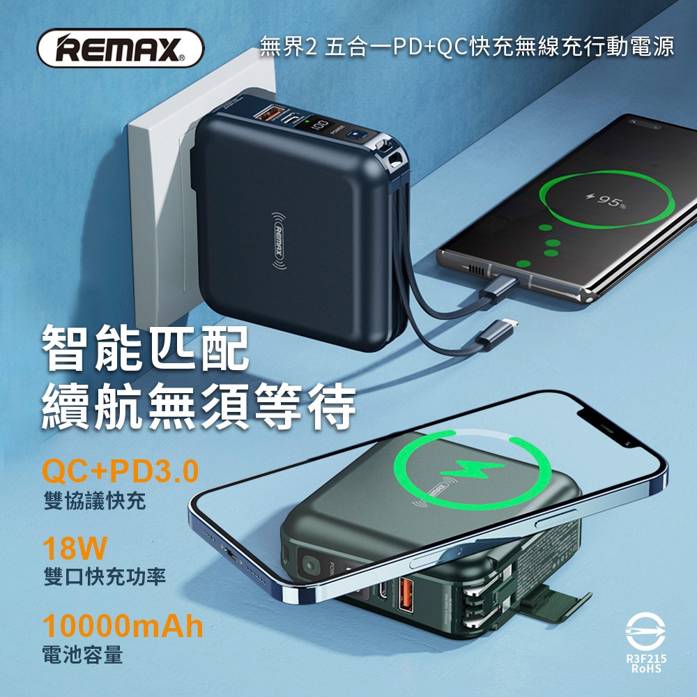 REMAX 無界2 五合一【PD+QC快充】無線充電/自帶線行動電源/充電器/手機支架 (RPP-145)