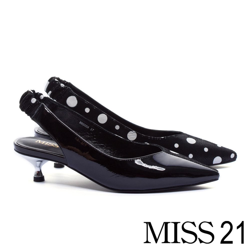 高跟鞋 MISS 21 異材質拼接新潮復古鬆緊繫帶高跟鞋－黑
