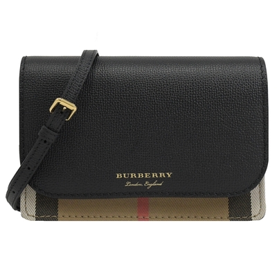 BURBERRY HAMPSHIRE 燙金品牌LOGO經典格紋棉麻牛皮翻蓋斜背包(黑)