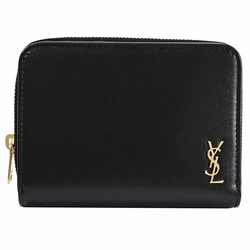 YSL Saint Laurent 質感金屬LOGO小牛皮釦式零錢短夾(黑)