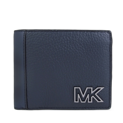 MICHAEL KORS Cooper銀字鏤空MK鵝卵石紋皮革對開式短夾(海軍藍/含零錢袋)