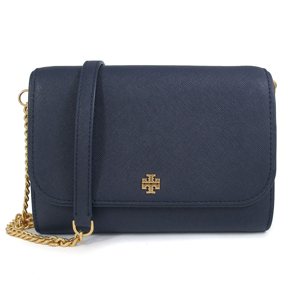 TORY BURCH EMERSON 立體金屬雙T LOGO防刮皮革金鏈翻蓋斜背包(海軍藍色)