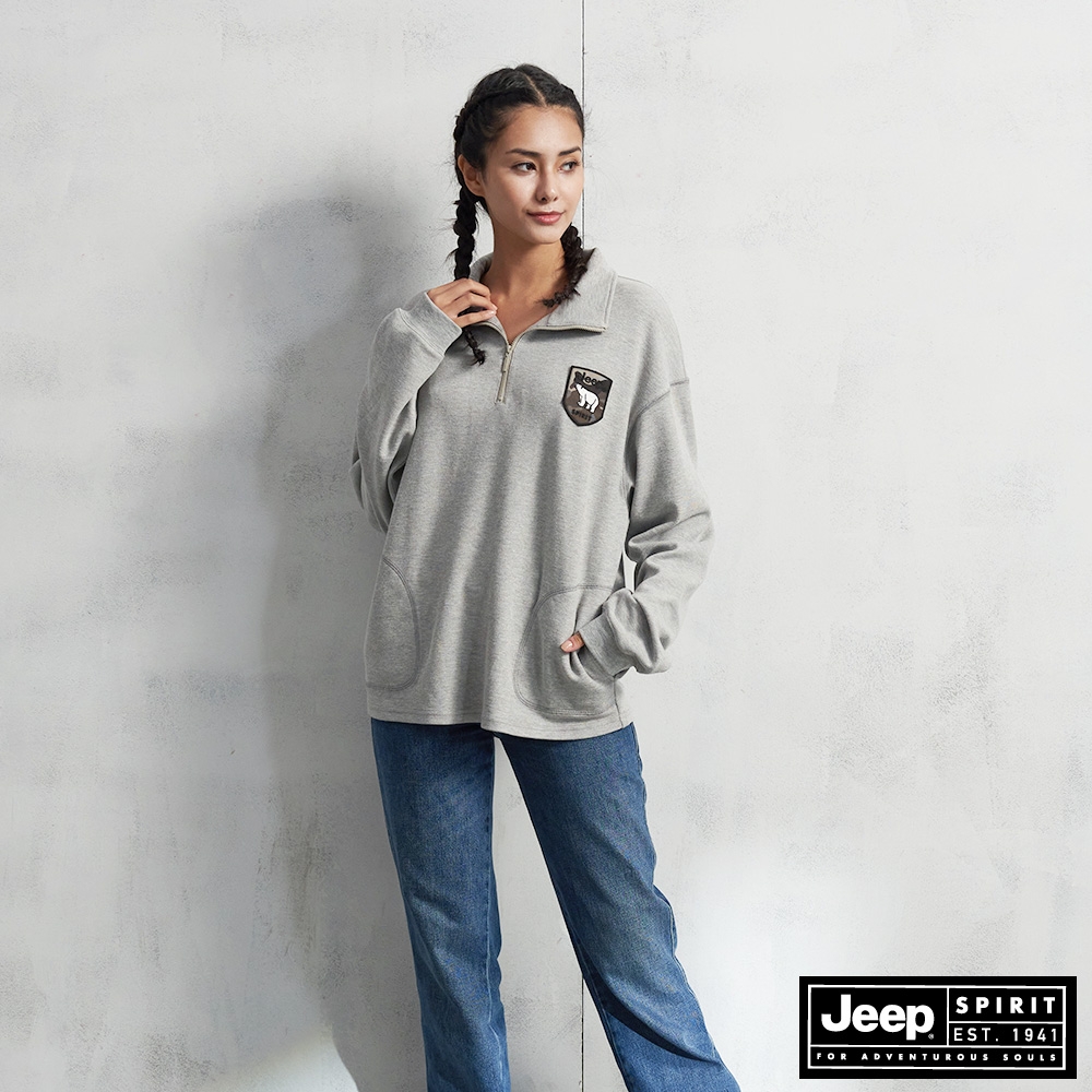 JEEP 女裝 率性品牌LOGO拉鍊式長袖POLO衫-灰色