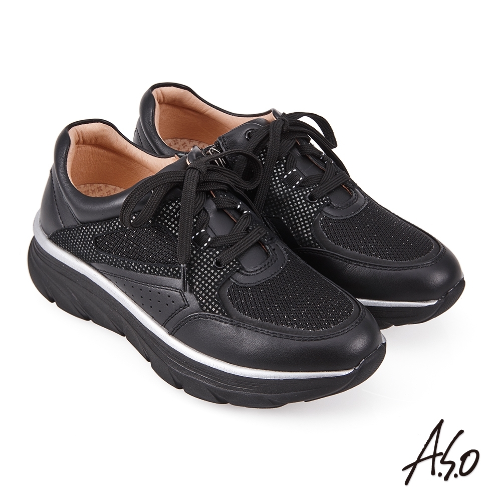 A.S.O 活氧氣墊異材質拼接側拉鍊休閒鞋-黑色