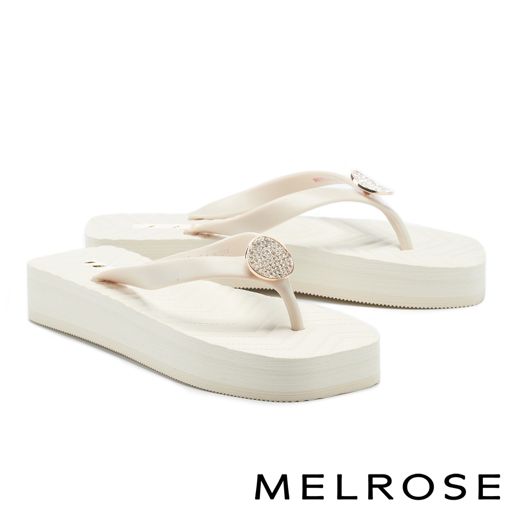 拖鞋 MELROSE 時髦百搭鑽釦造型厚底夾腳拖鞋－米白