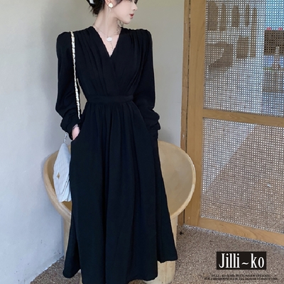 JILLI-KO 法式復古赫本風V領收腰顯瘦連衣裙長洋裝連身洋裝- 黑色