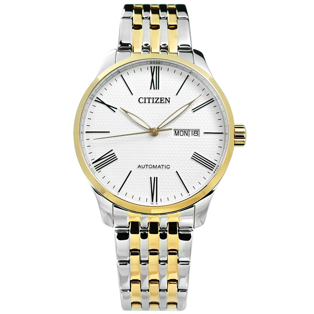 CITIZEN 自動上鍊礦石強化玻璃手錶NH8354-58A)- 白x鍍金/40mm