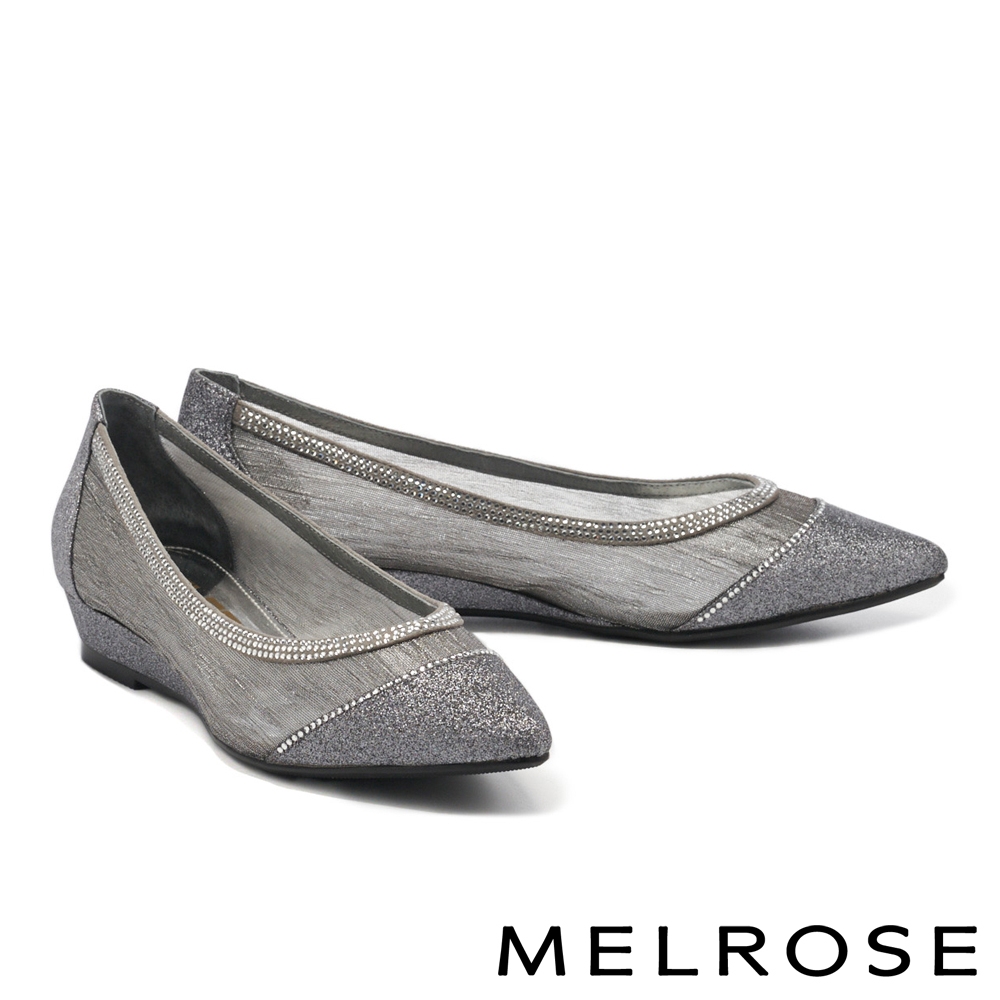 低跟鞋 MELROSE 迷人時尚晶鑽透膚網紗尖頭楔型低跟鞋－灰