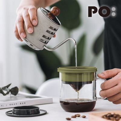 【PO:Selected】丹麥DIY手沖咖啡二件組 (手沖咖啡壺-灰/咖啡玻璃杯350ml-黑綠)
