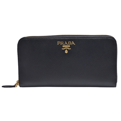 PRADA SAFFIANO經典金色立體浮雕LOGO防刮牛皮拉鍊長夾(黑)