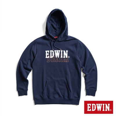 EDWIN 人氣復刻 疊印LOGO連帽厚長袖T恤-男-丈青色