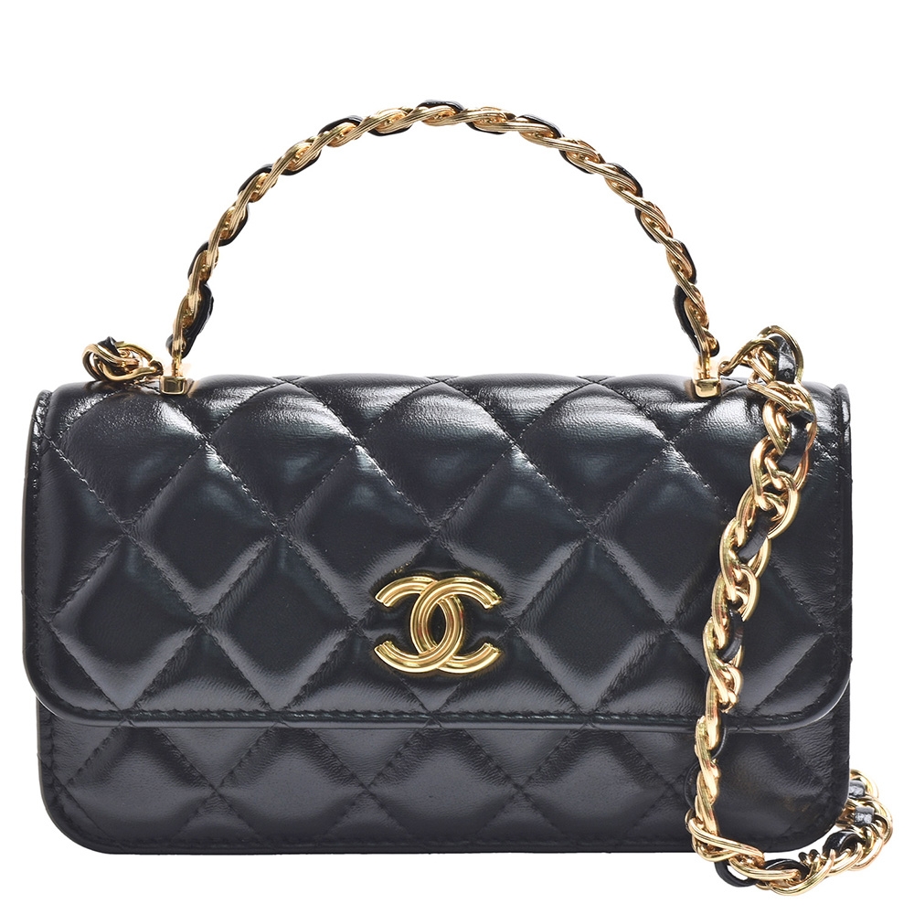 CHANEL 經典雙C LOGO菱格小牛皮金鍊手提/斜背小包(黑色)