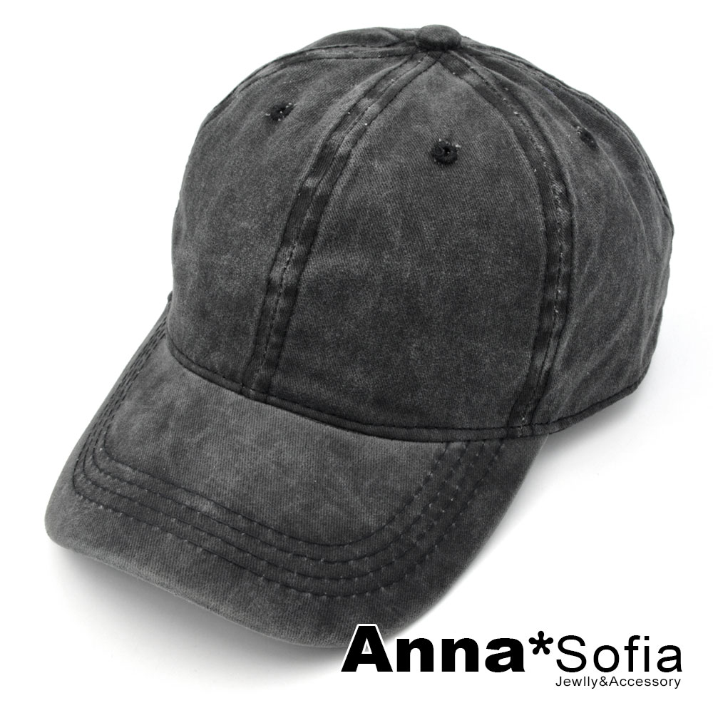 AnnaSofia 圓頂暈染單色水洗 純棉棒球帽老帽(洗白黑系)