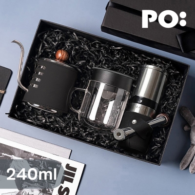 【PO:Selected】丹麥手沖咖啡三件禮盒組(手沖壺-黑/玻璃杯240ml-共4色/不鏽鋼磨芯咖啡磨)