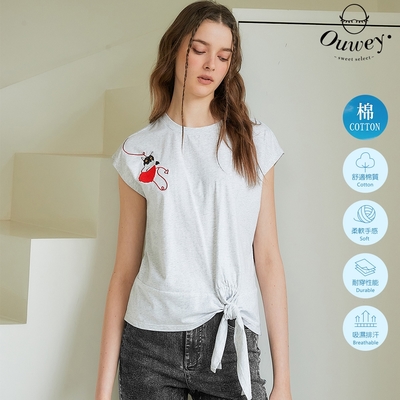 OUWEY歐薇 品牌吉祥物綁結棉質連袖上衣(灰色；S-L)3232321242