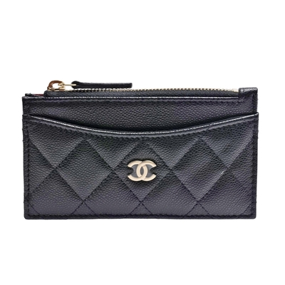 CHANEL 經典金色雙C LOGO菱格粒紋牛皮拉鍊卡夾/零錢包(黑色)