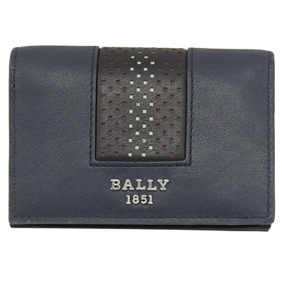BALLY BALEES 金屬LOGO織帶設計牛皮對開卡片夾(深藍)