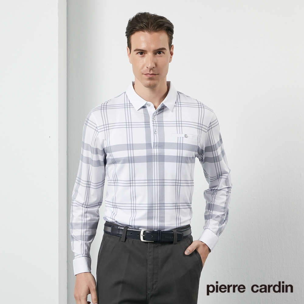 Pierre Cardin皮爾卡登 男款 棉質彈性格紋長袖POLO衫-白(5205283-90)