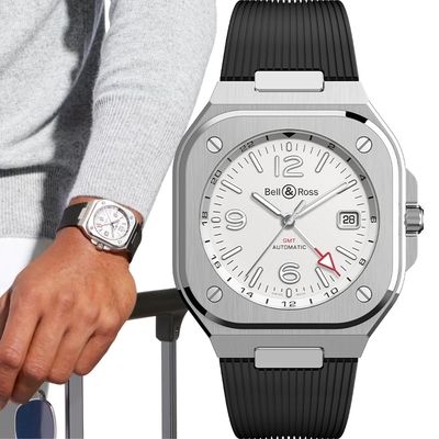 Bell & Ross BR 05系列 GMT WHITE 雙時區機械腕錶-41mm(BR05G-SI-ST/SRB)