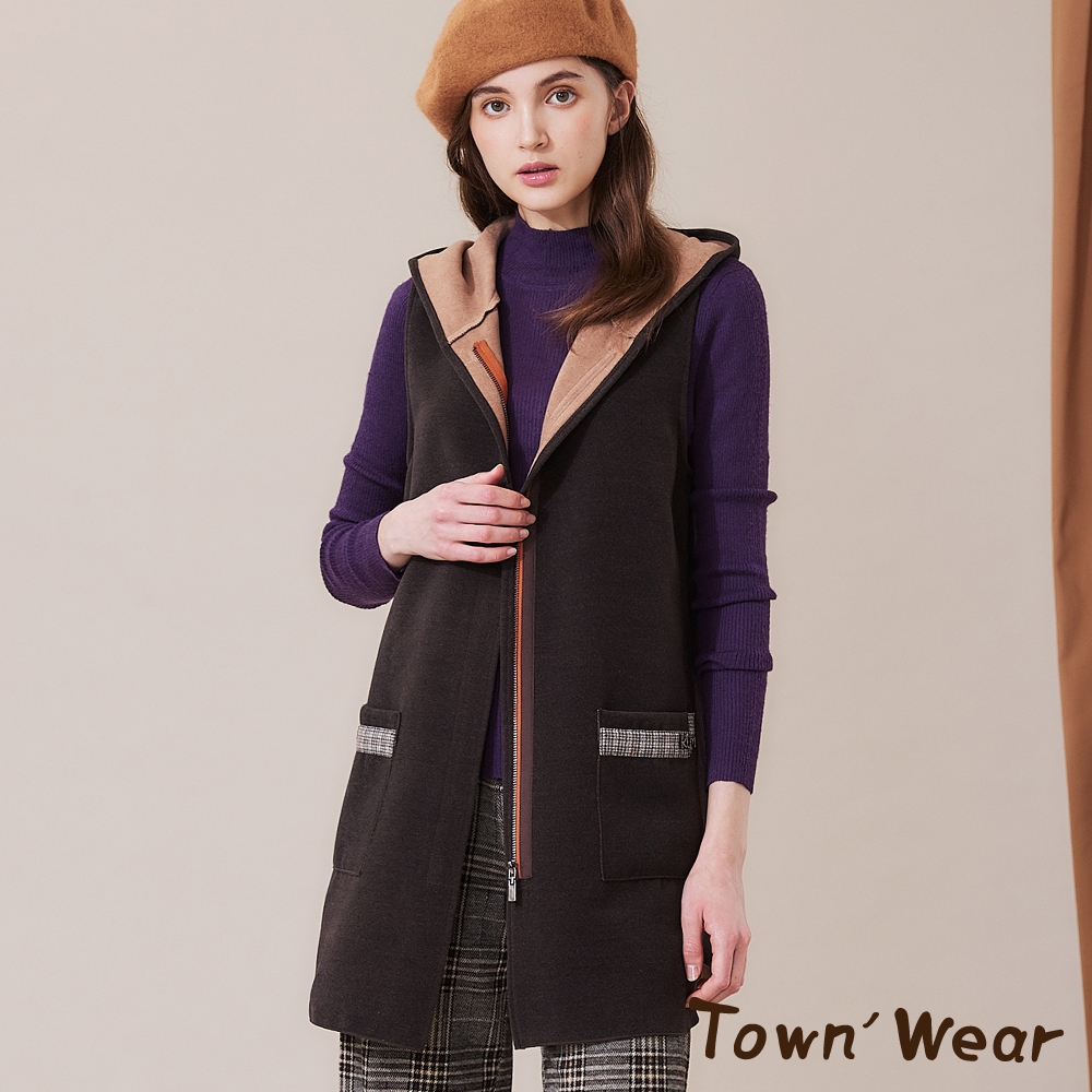 【TOWNWEAR棠葳】簡約毛料長版連帽背心外套(毛呢/千鳥/撞色/拼接/無袖)