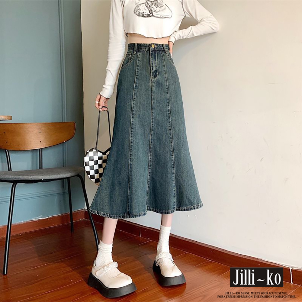 JILLI-KO 高腰氣質對稱拼接中長款魚尾牛仔裙 - 藍色