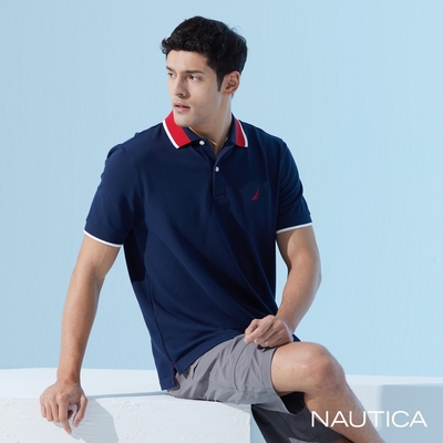 Nautica 男裝 跳色領百搭短袖POLO衫-深藍色