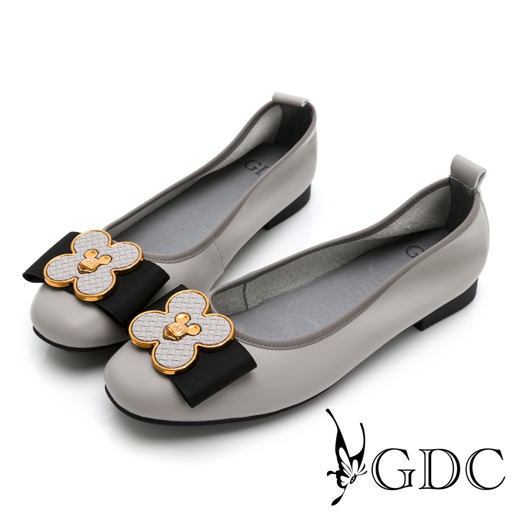 GDC-梅情脈脈可愛造型蝴蝶結真皮舒適平底包鞋-灰色