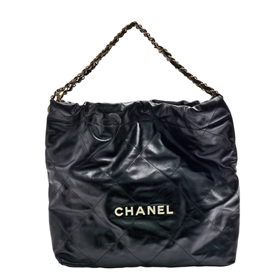 CHANEL 經典22系列白色品牌LOGO大菱格紋小牛皮銀鍊肩背包(大-黑色)